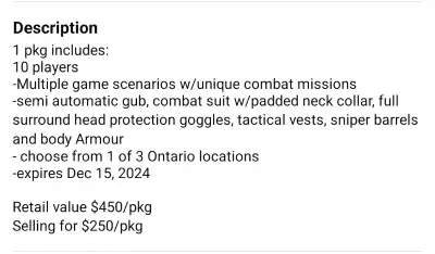 10 players -Multiple game scenarios w/unique combat missions -semi automatic gub, combat suit w/padd...