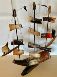 Vintage Horn Bone Sailboat Hand Made Model Ship Nautical Decor
