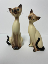 Vintage MCM Ceramic Long Neck Siamese Cats with Whiskers