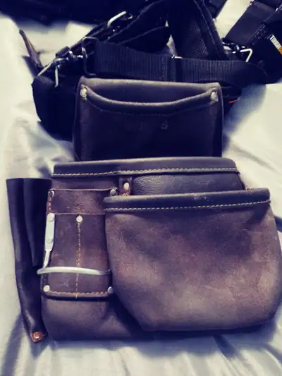 Arsenault tool belt, kunys EL-5505, Kunys AP-450 pouches, Toughbuilt tool belt suspenders and a back...