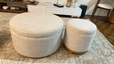 2-Piece Round Ottoman Set – Wood & Fabric – , View more