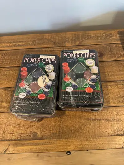 Up for sale are two sets of poker chips, each containing 100 dual-toned chips, and a dealer button,...