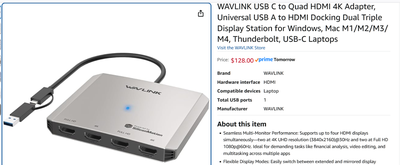 WAVLINK USB-C to Quad HDMI 4K Adapter, Dual/Triple Display Dock for Win/Mac/Thunderbolt brand new se...
