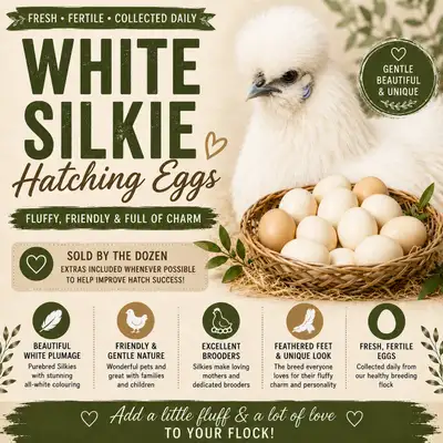 White Silkie Hatching Eggs Available, View more