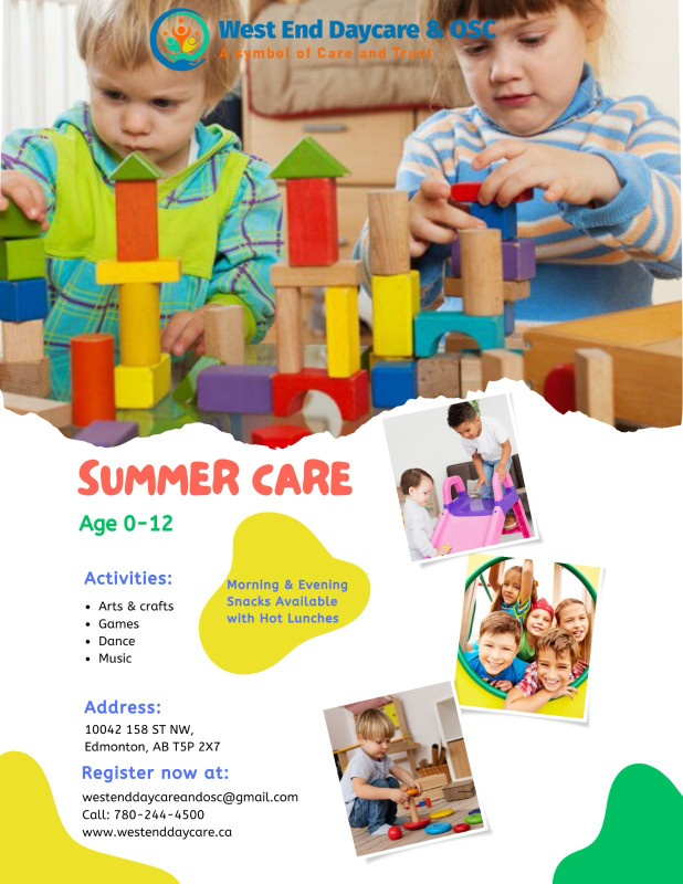 daycare / Summer care spaces available for ages 0-12 in West End in Childcare & Nanny in Edmonton