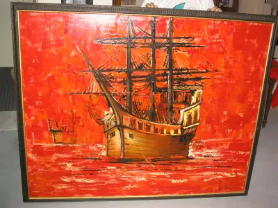 Huge Vintage Mid-Century Modern Style Ship Painting, View more