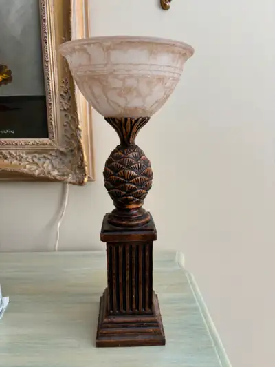 Solid, working table lamp with bronze finish. Uplight, takes 40w bulb max. Measures 15” tall, square...