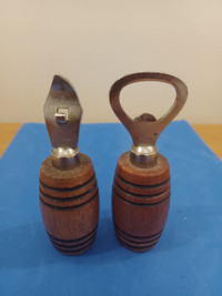 Vintage can,bottle opener,wood barrel