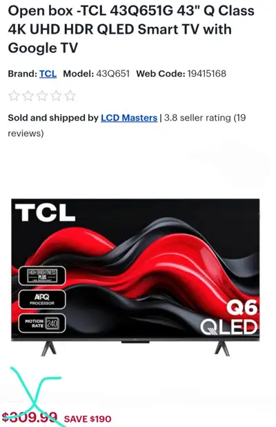 TCL 43Q651G 43" Q Class 4K UHD HDR QLED Smart TV with Google TV, View more