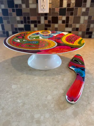 Colourful, artistic cake/dessert plate server of same pattern. 11 inches in diameter and 4 inches hi...