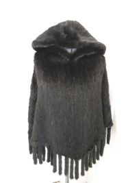 Unique woven Rabbit fur hooded poncho with fringe