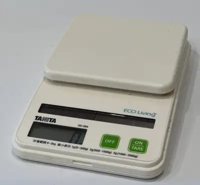 Tanita digital kitchen scale. Can run on batteries, though if your room light is bright, the solar p...