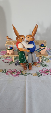 Vintage Easter Erzgebirge Wooden Bunnies Kissing on a Bench