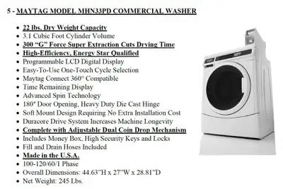  LIQUIDATION: $37k Value Maytag Commercial Fleet (Brand New In, View more