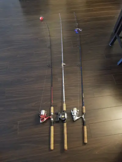 3 FISHING POLES WITH REELS AND NET, View more