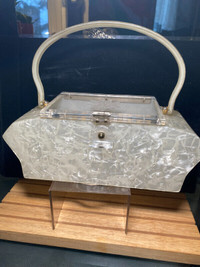 Vintage 1950's White Lucite Purse Handbag Handle Bag .