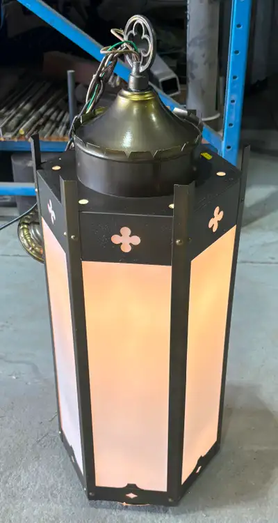 Antique Metal Stained Glass Hexagonal Gothic-Style Pendant Light, View more