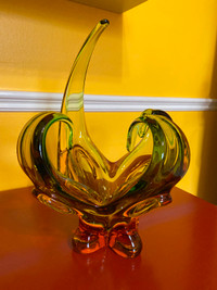 Vintage Chalet/Lorraine Glass Basket Vase Sculpture Green Amber