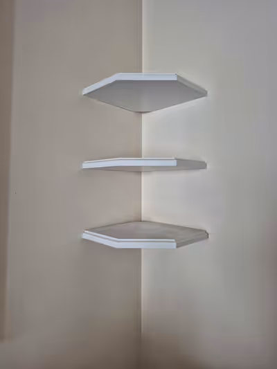 6 corner individual floating shelves (13 inches wide x 9 1/2 inches deep from corner of wall) 1 regu...