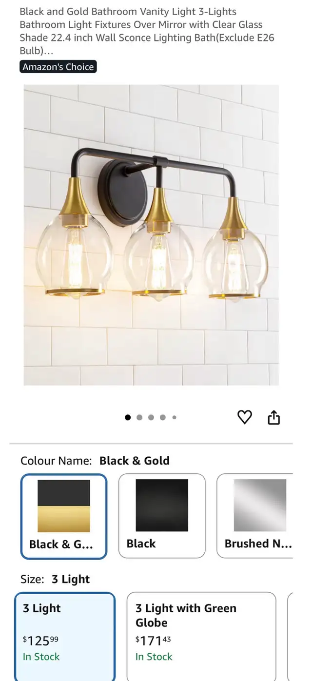 Black & Gold 3-Light Bathroom Vanity Light – New in Indoor Lighting & Fans in Oakville / Halton Region - Image 3