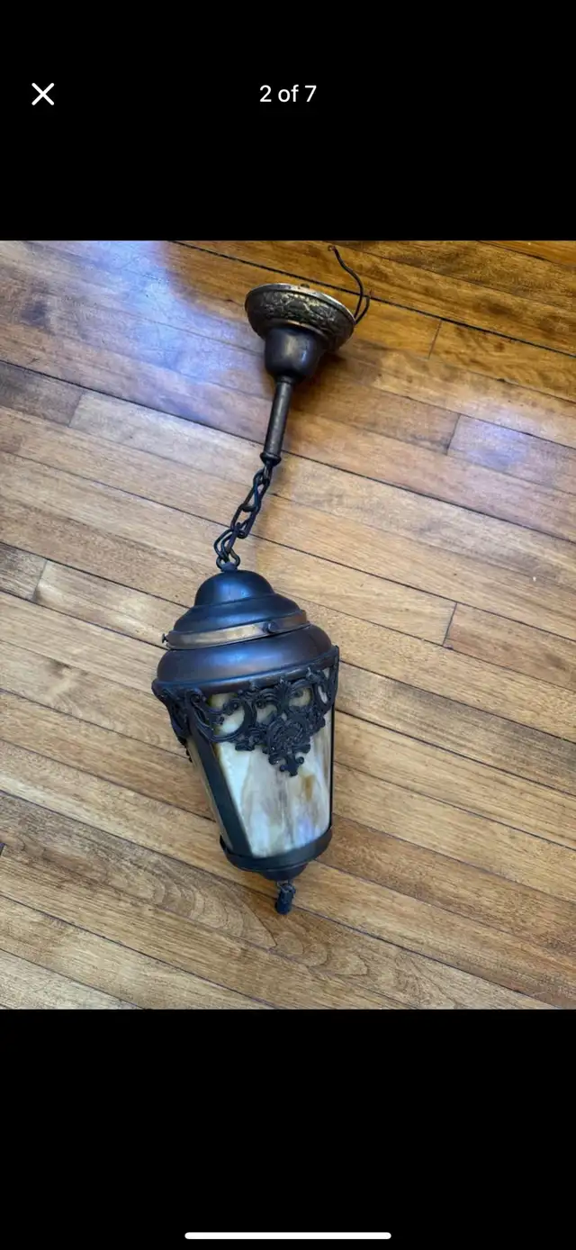 Antique 1920s Art Deco Slag Glass Pendant – Caramel Glas in Indoor Lighting & Fans in Ottawa - Image 5