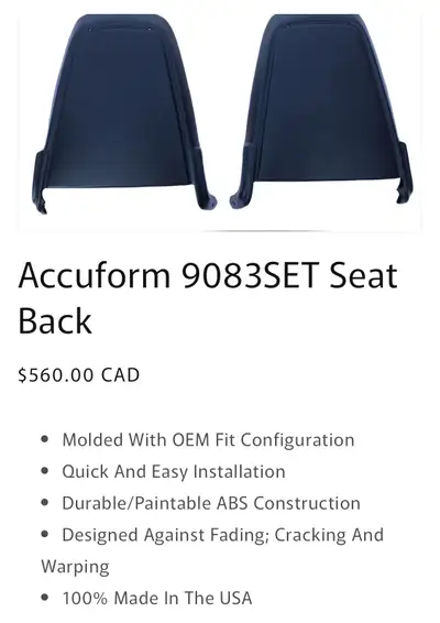 New in package, pair of B & E seat backs. Black but paintable. Fitment description in one of the pic...