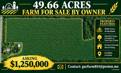 Private Sale Country 1 floor home with almost 50 acres Approximately 43 acres are systematically til...