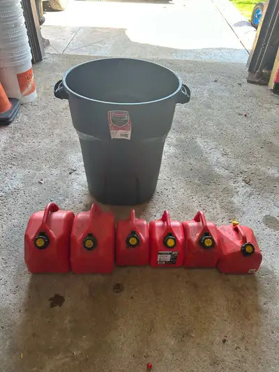 I'm selling a brand new Rubbermaid garbage bin along with 5 used gas cans of various sizes. The cans...