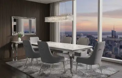 6-Seater White Marble Dining Set with Grey Velvet Chairs, View more