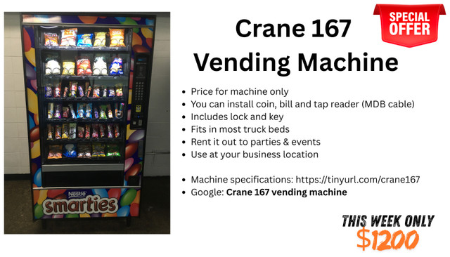 Easy To Use - Crane 167 Vending Machine - Smarties in Refrigerators in Medicine Hat