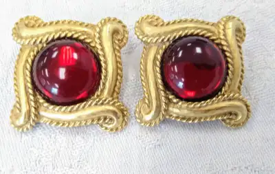 Vintage Earring clip on style, Red Cabachons, View more