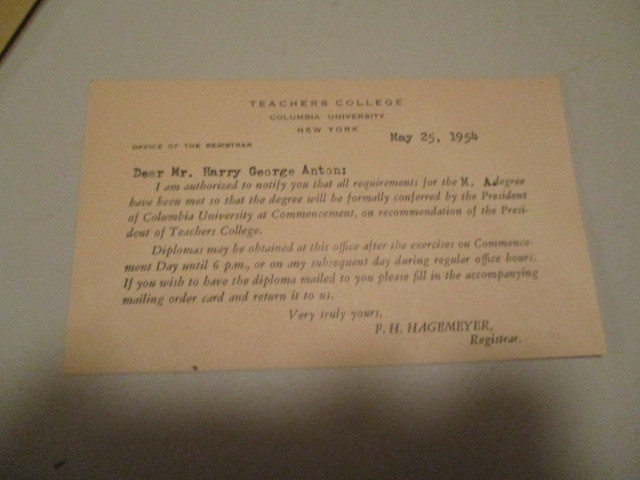 TEACHERS COLLEGE-NEW YORK-1954-CERT. OF ADMISSION-MAILER + MORE dans Art et objets de collection  à Laval/Rive Nord - Image 2