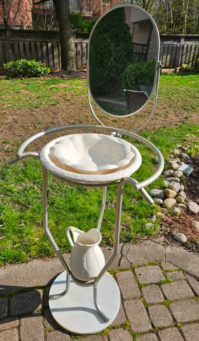 VTG FRENCH STYLE METAL WASH BOWL STAND INCUDING MARBLE BASE, STONEWARE BASIN, ADJUSTABLE MIRROR, FLO...