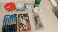 Various NEW kitchen items, appliances, dishes, utensils, pans, e