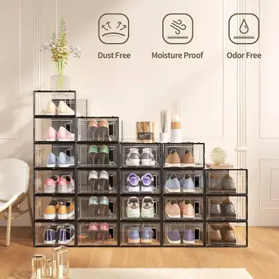 Shoe Organizer Storage Boxes for Closet, Modular Space Saving Shoe Boxes Clear Plastic Stackable Sne...