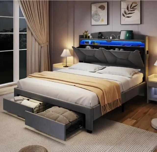 Elegant Platform Bed with Storage & Scalloped Headboard in Beds & Mattresses in Trois-Rivières - Image 2
