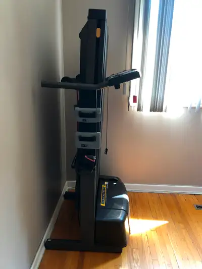 Folds up, with bench and changeable incline. Must be able to move it and have adequate transportatio...