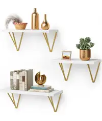 AMADA Floating Shelves, Real Wood Wall Shelves, White & Gold