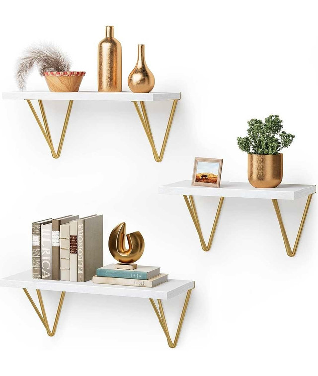 AMADA Floating Shelves, Real Wood Wall Shelves, White & Gold in Home Décor & Accents in City of Toronto