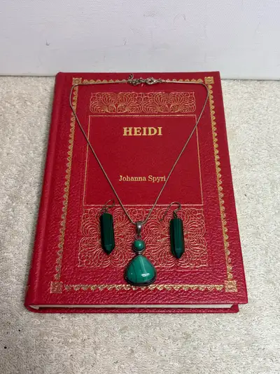 This jewelry is made of malachite . Consists of earrings and a double stone pendant . Both are set i...