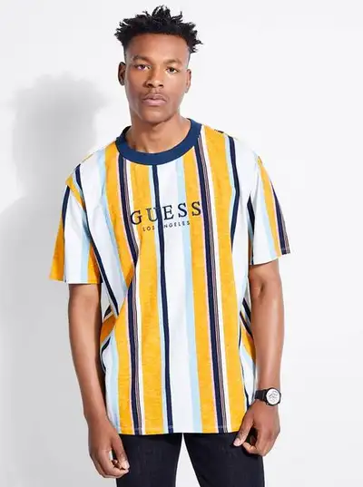 GUESS (Size L) Multi-Color Yellow Striped T-Shirt, View more