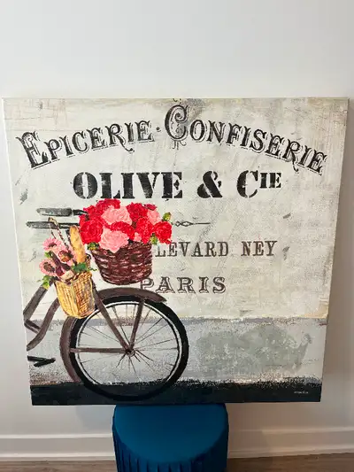 Medium size canvas artwork - French restaurant with bicycle. 35.5 inches wide x 35.5 inches tall