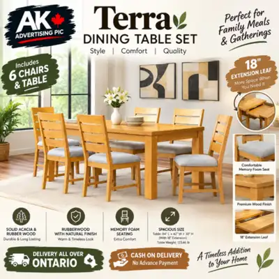 Terra 6-Piece Dining Set – Solid Wood | 18" Extension Leaf, View more