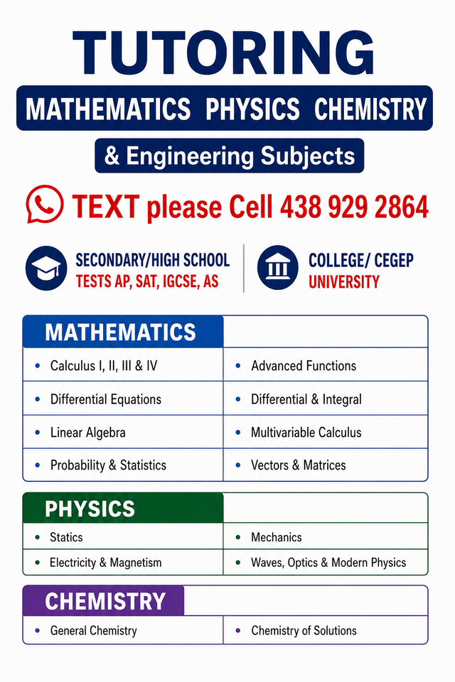 Tutoring Online Math Physics Chemistry TEXT 438 929 2864