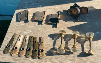 Antique Door knob sets (plates, locking hardware, door knob) - $35.00 each Glass door knobs are - $3...
