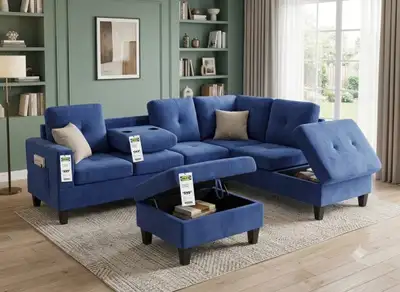 5-Seater Royal Blue Sectional Sofa Set – Built-inCup Holders & D, View more
