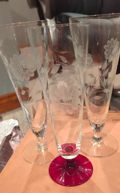 3 vases, glassware, View more
