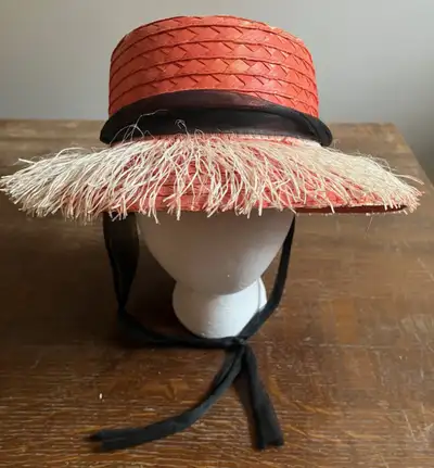 Vintage STRAW FRINGED BRIM SUN HAT Hawaii Hula Party Costume, View more