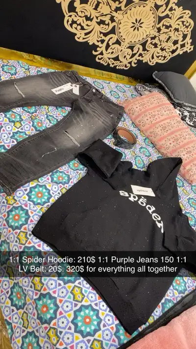 Purple Jeans, Spider Hoodie VVS Mossinate, LV Belt, View more