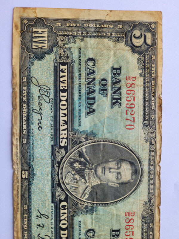 1937 Canada $5.00 bill in Arts & Collectibles in Grande Prairie - Image 3